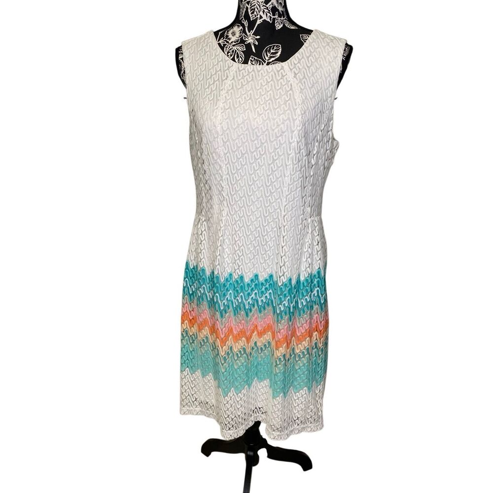 R&K White Aqua Coral Textured Chevron Sheath Dress Sleeveless Career Cocktail
